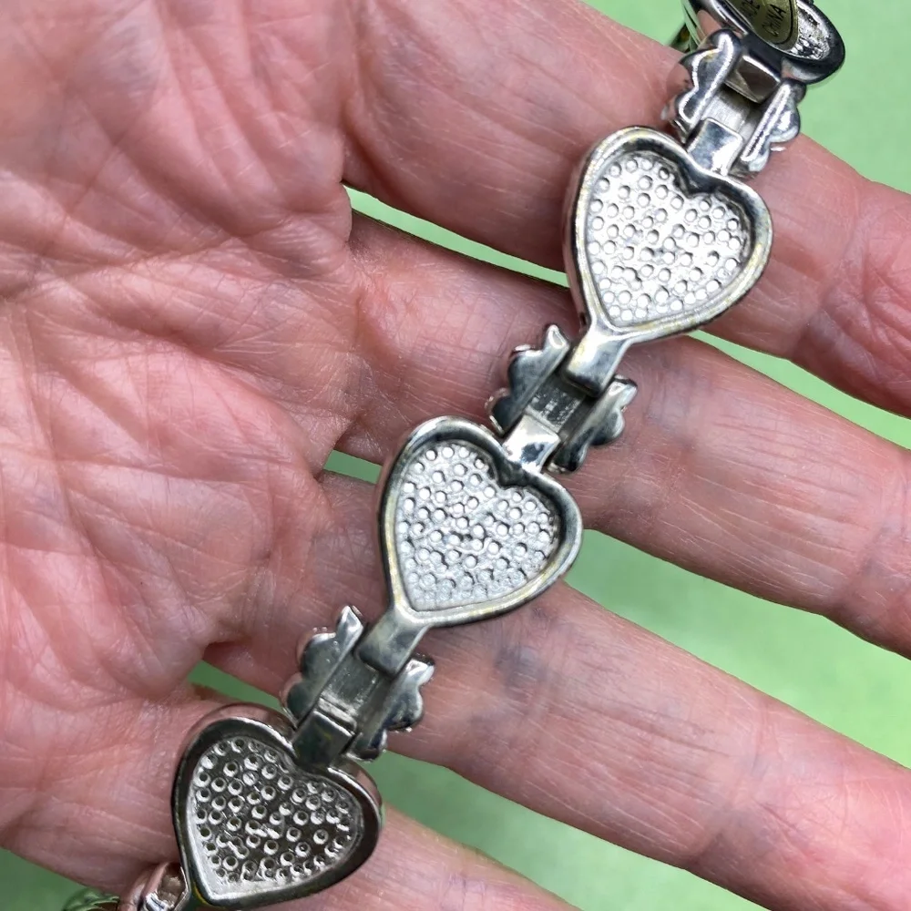 Silver Tone Heart Bracelets Pair Stretchy & Natural Tigereye